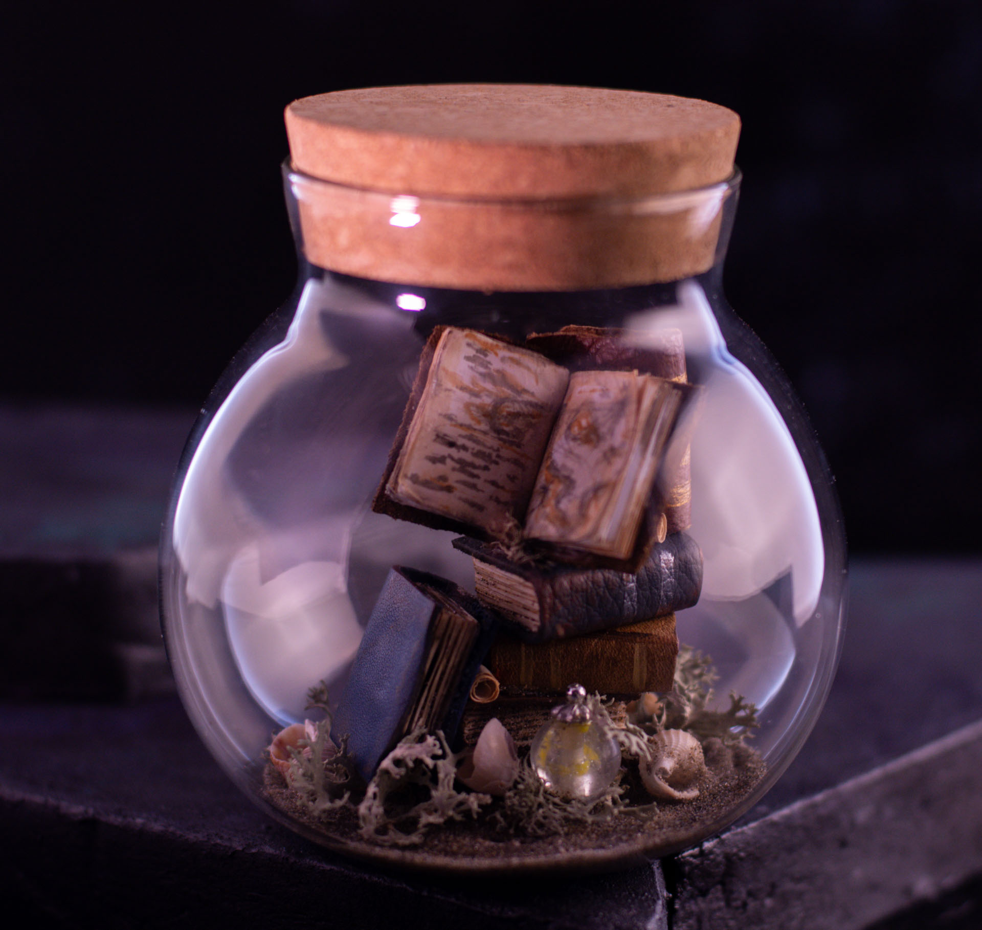 Spellbound Study: handmade miniature books in a glass bottle